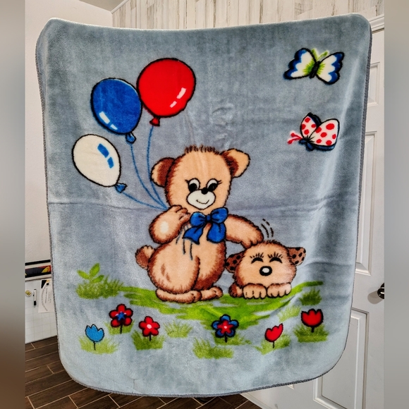 Vintage Baby Blanket Teddy Bear Balloons Puppy Dog Butterfly Mink Plush GRAY
